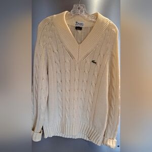 Vintage Izod Lacoste Mens Ivory Logo V-Neck Cable Knit Fishermans Sweater Med